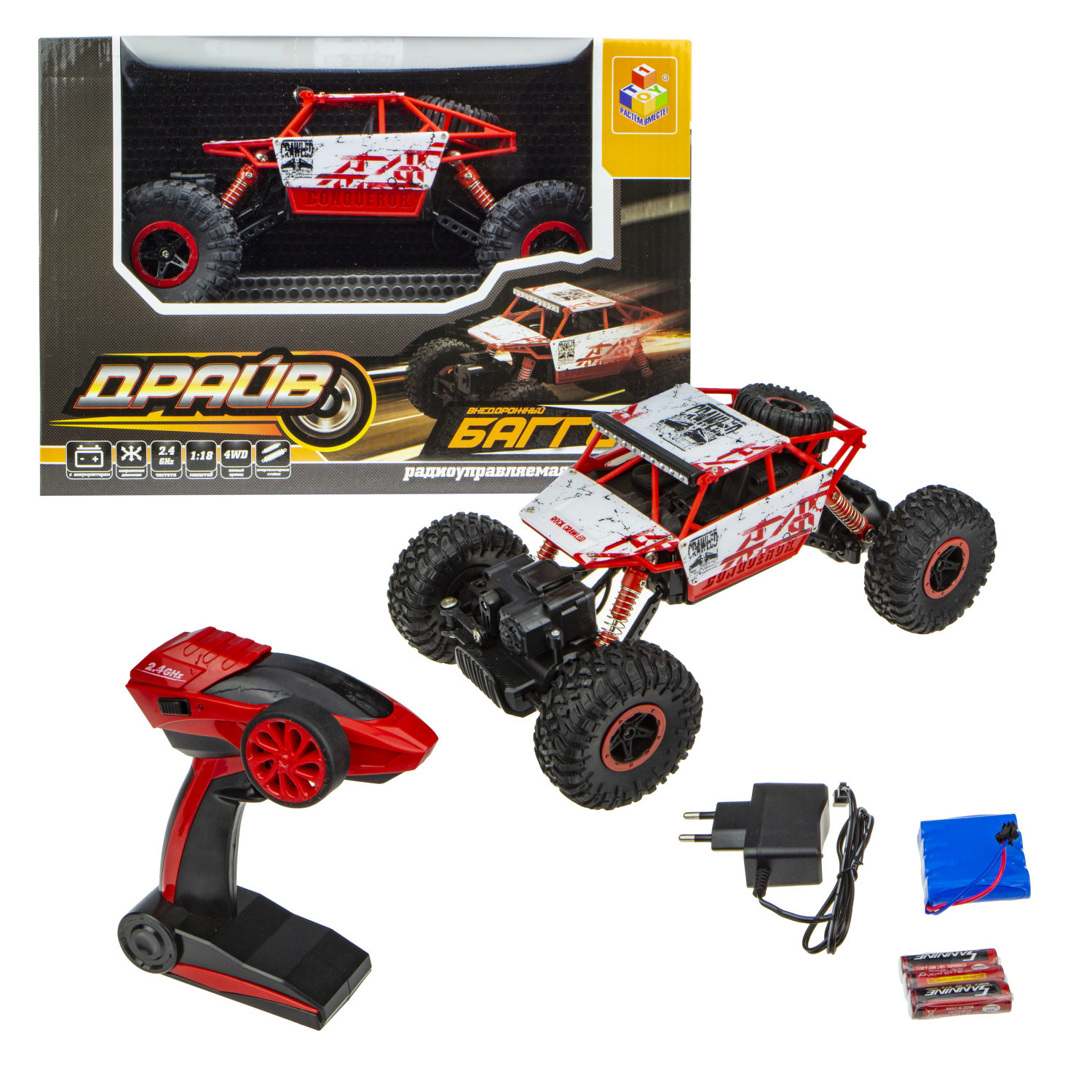 МАШИНА БИГВИЛ НА Р/У 1TOY ДРАЙВ РАЛЛИЙНАЯ, АККУМ. 4.8V, 4WD, КРАСНО-БЕЛЫЙ