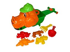 Набор №342: тачка "Малыш Дин", совок №10, грабли №10, формочки (тигр + мамонт + динозавр №1 + динозавр №2)