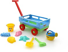 Набор №487: Тележка с ручкой №2 + Ведро малое, лопатка №5, грабельки №5, формочки (краб №1 + морской конёк + морская звезда №1 + ракушка №1), лейка малая №4